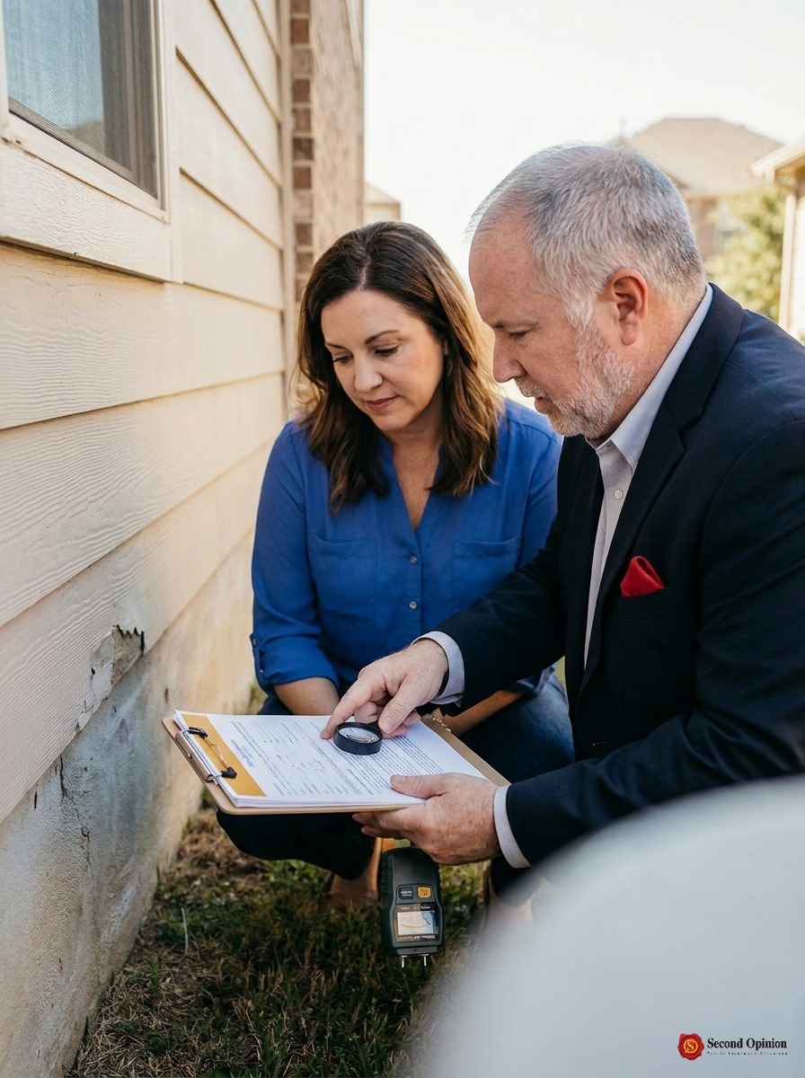 Second Opinion public adjuster showing a homeowner property damage details outside a Texas residential home