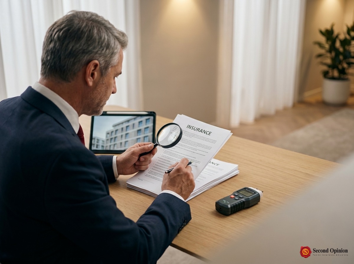 Professional adjuster reviewing the fine print of an insurance policy document