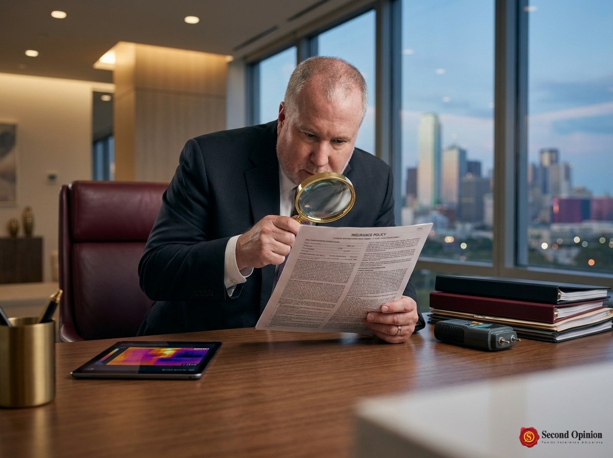 Public adjuster reviewing a commercial insurance settlement document in Fort Worth