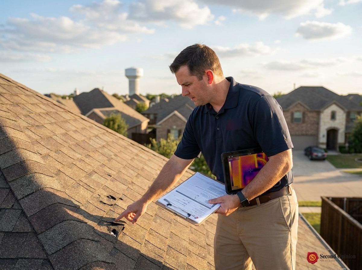 Professional independent insurance adjuster examining residential property damage