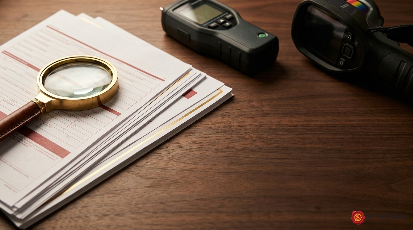 Official insurance claim documentation and a magnifying glass
