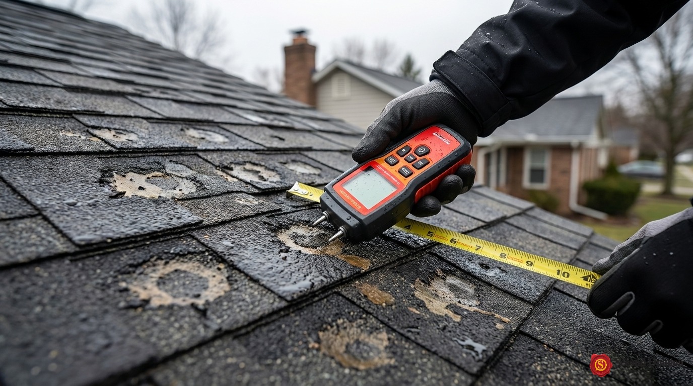 Close-up of hail damage to residential asphalt roof shingles in Fort Worth