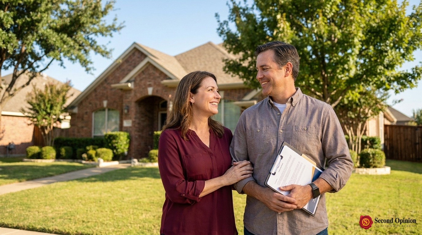 Texas homeowners outside their brick home after a successful insurance claim settlement