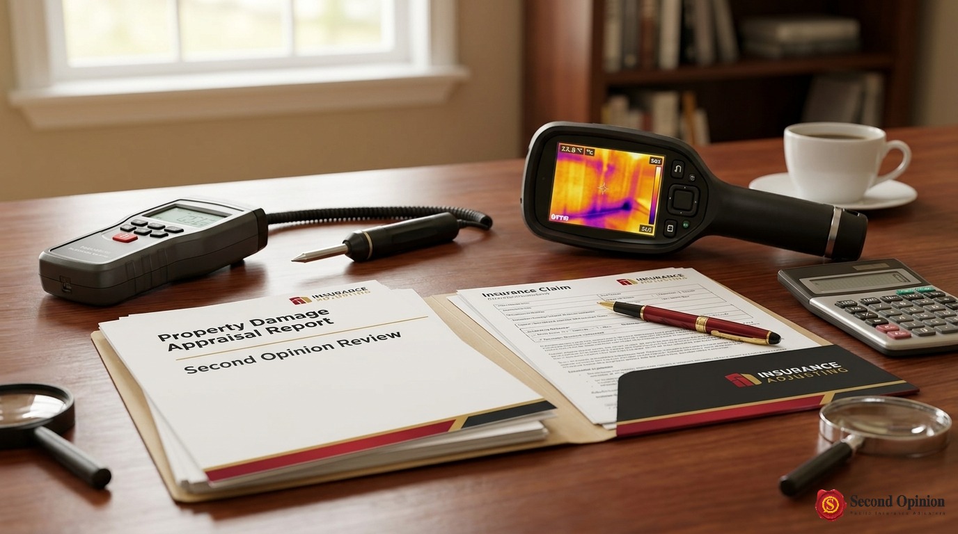 Official insurance appraisal documentation and professional moisture meters on a desk