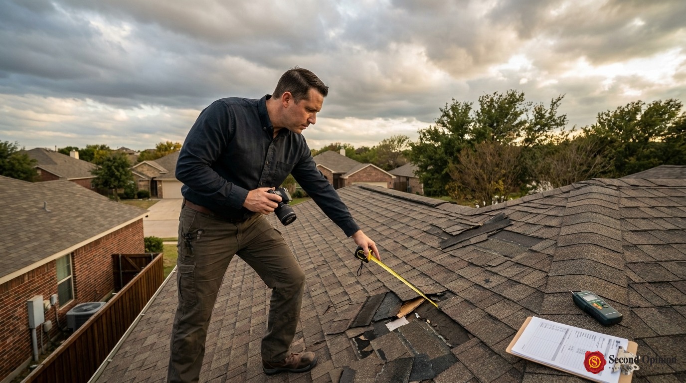 Public adjuster assessing severe storm damage on a residential property roof