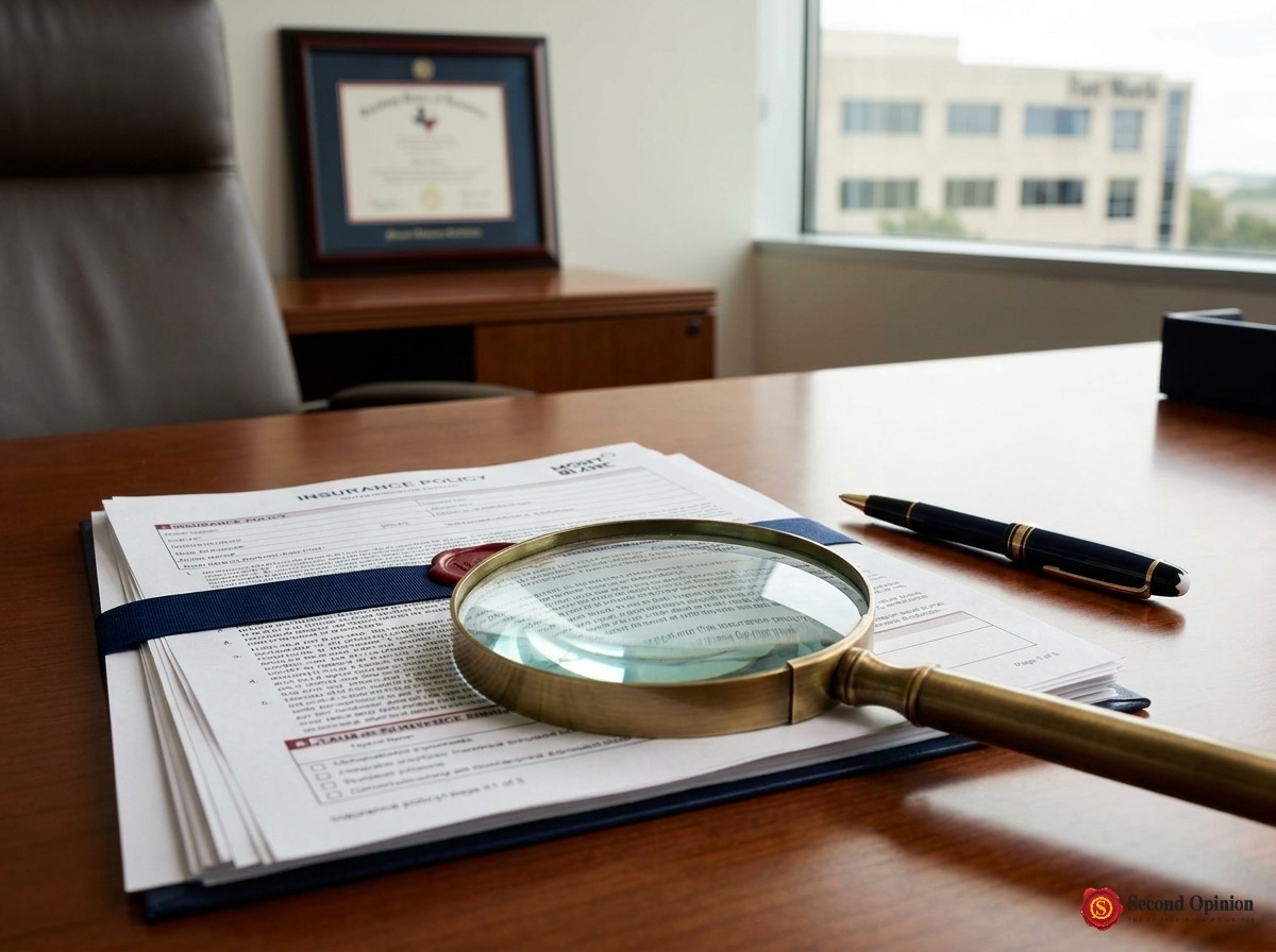 Official insurance claim document reviewed with a magnifying glass