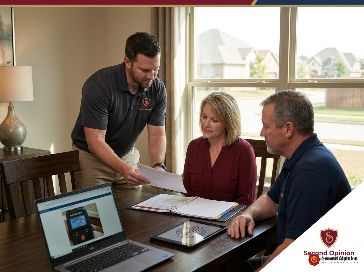 Professional public adjuster reviewing property claim documents with a homeowner in Texas
