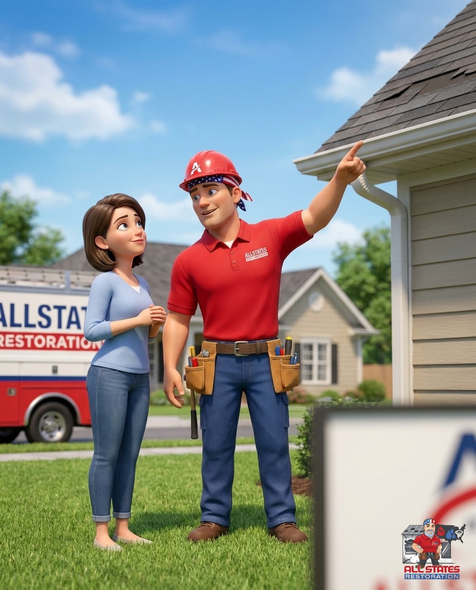 All States Restoration roofer in safety gear inspecting a residential roof in Hazel Green, AL