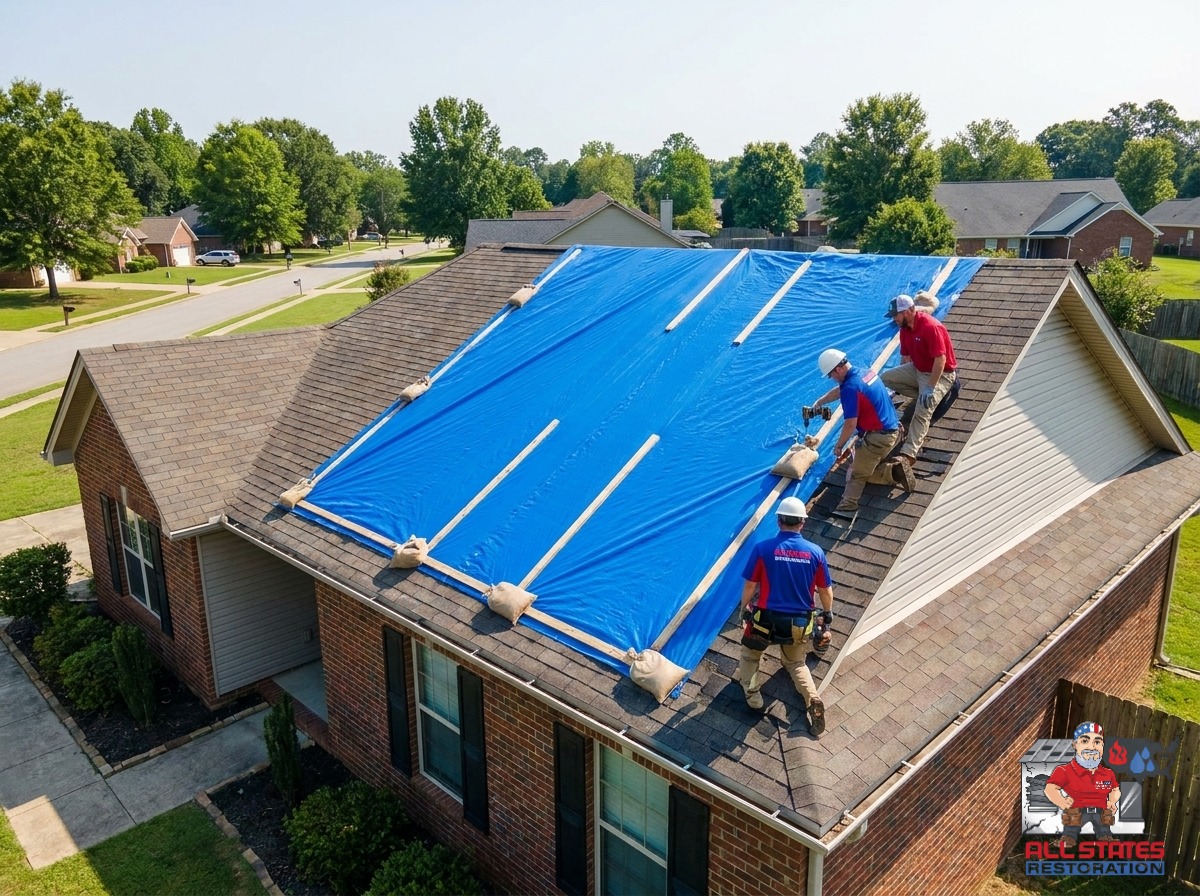 Emergency roof tarp installed on a storm-damaged home