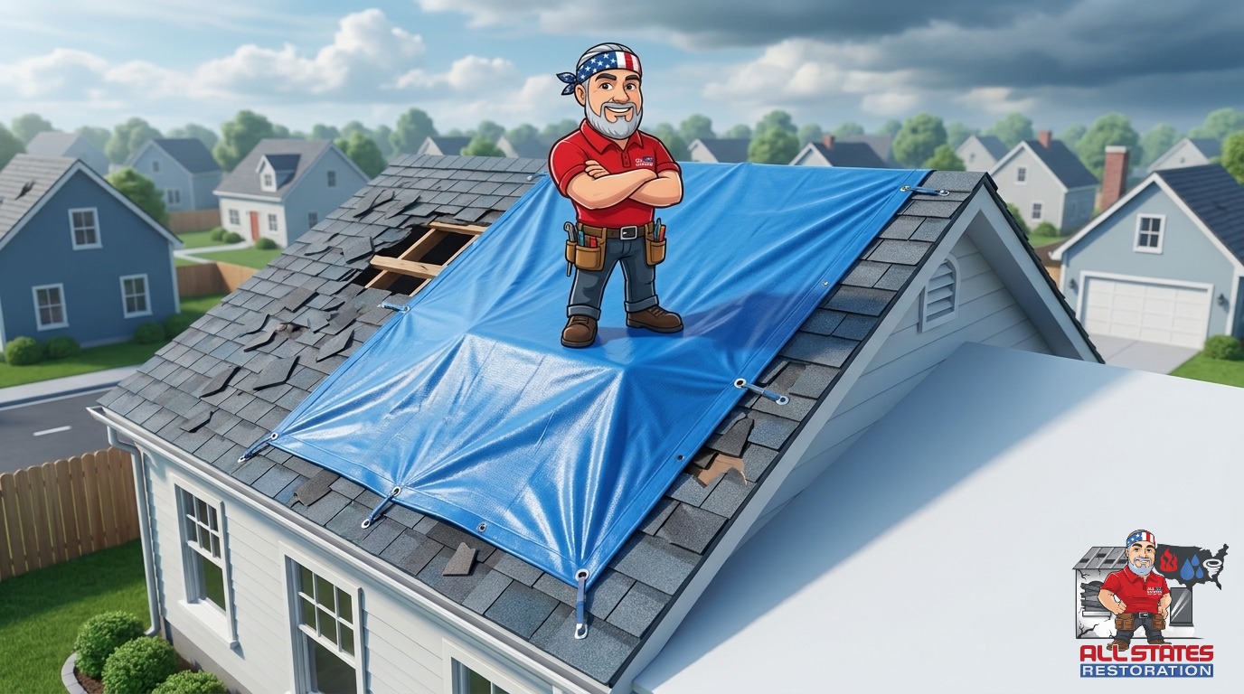 Emergency tarp secured on a storm-damaged residential roof