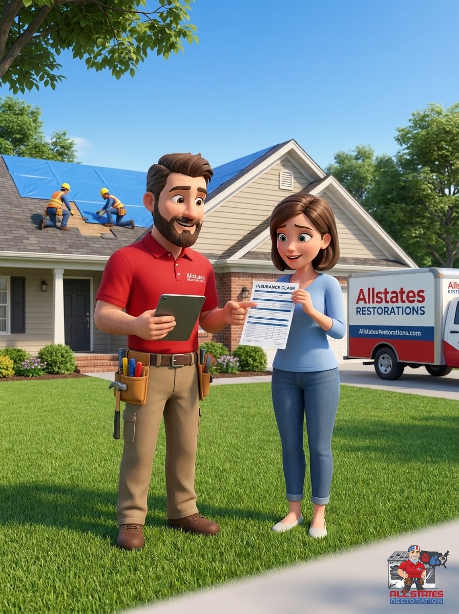All States Restoration roofer reviewing a roof with a property owner outside a home