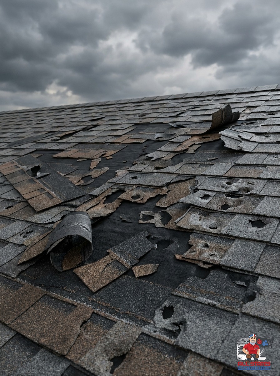 Wind-damaged roof with missing shingles and exposed underlayment before repair