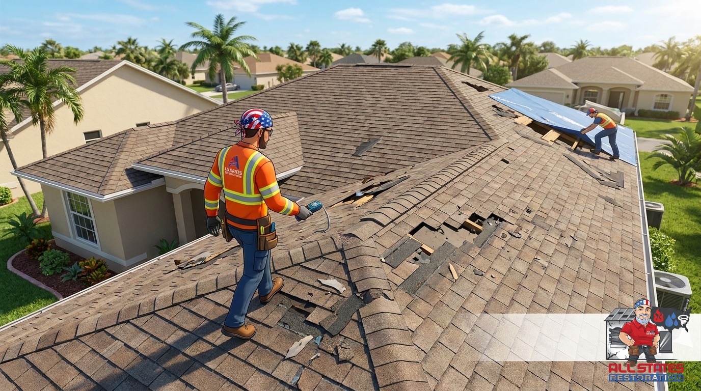 Drone view of a commercial roof during an All States Restoration inspection