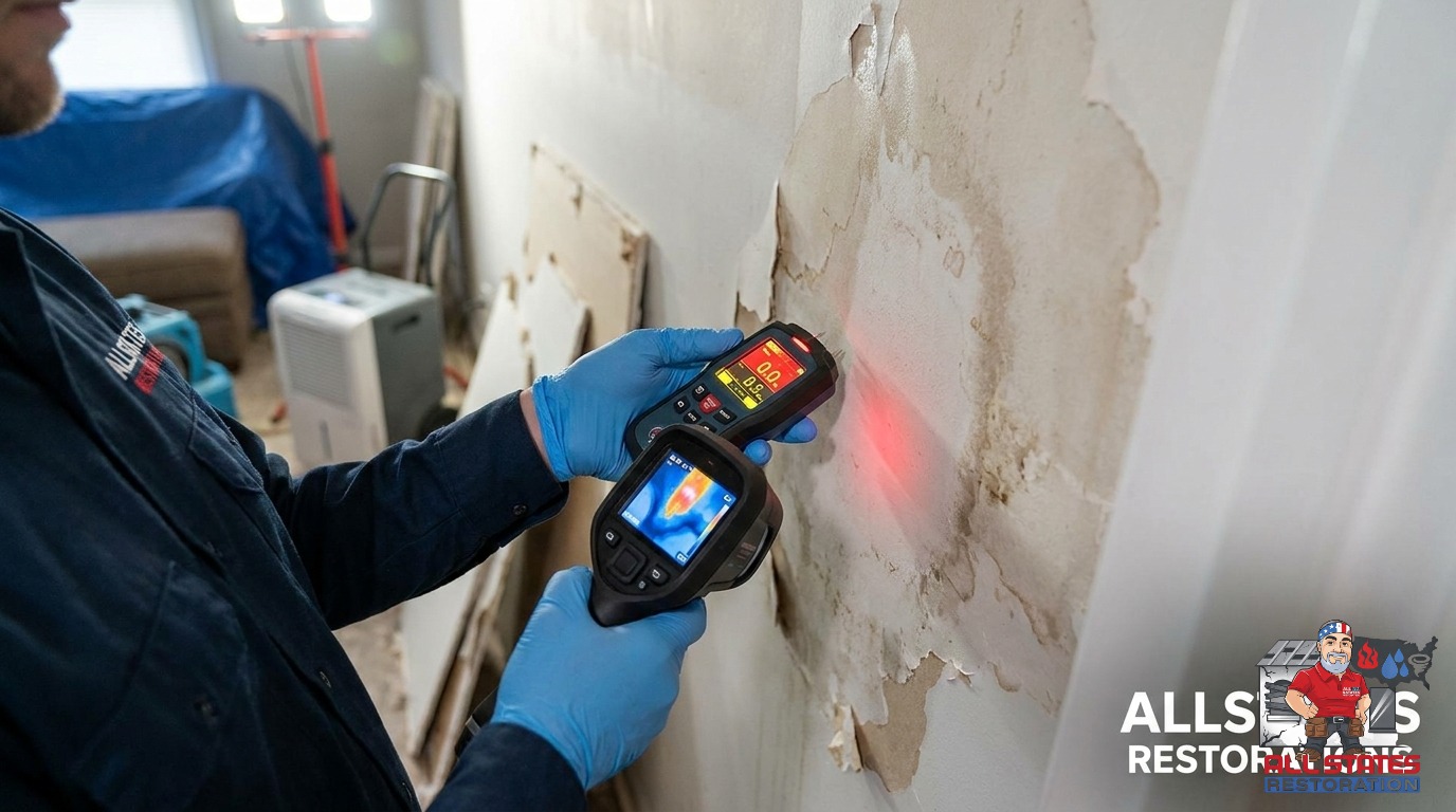 An All States Restoration roofer using a moisture meter to find hidden water damage