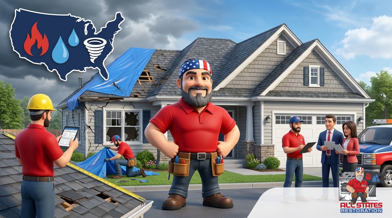 All States Restoration crew installing architectural shingles on a roof
