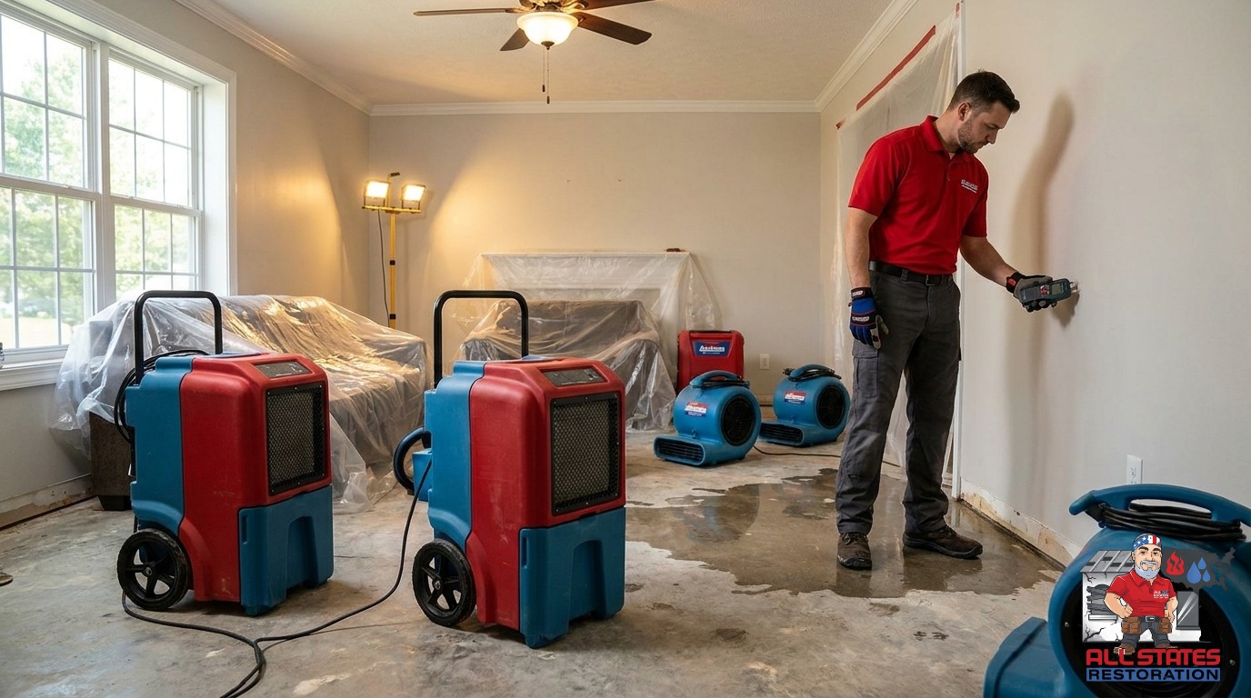 Storm and water damage restoration work inside a home