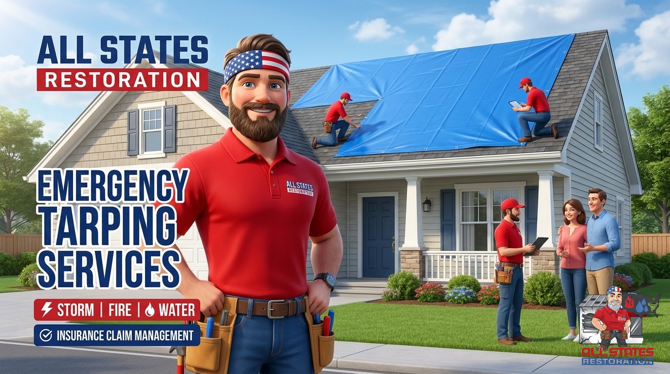 Heavy-duty emergency tarp installed on a storm-damaged residential roof