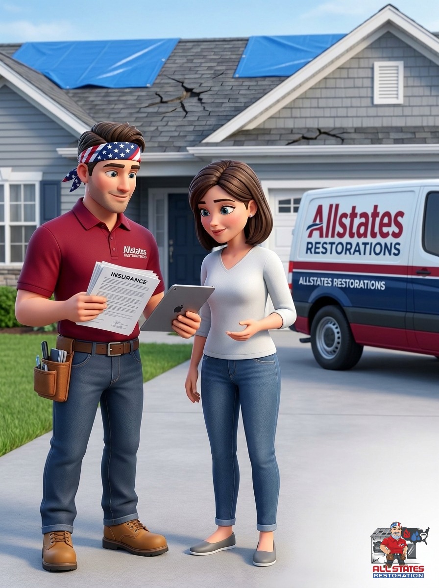 All States Restoration roofer inspecting a residential roof with a homeowner
