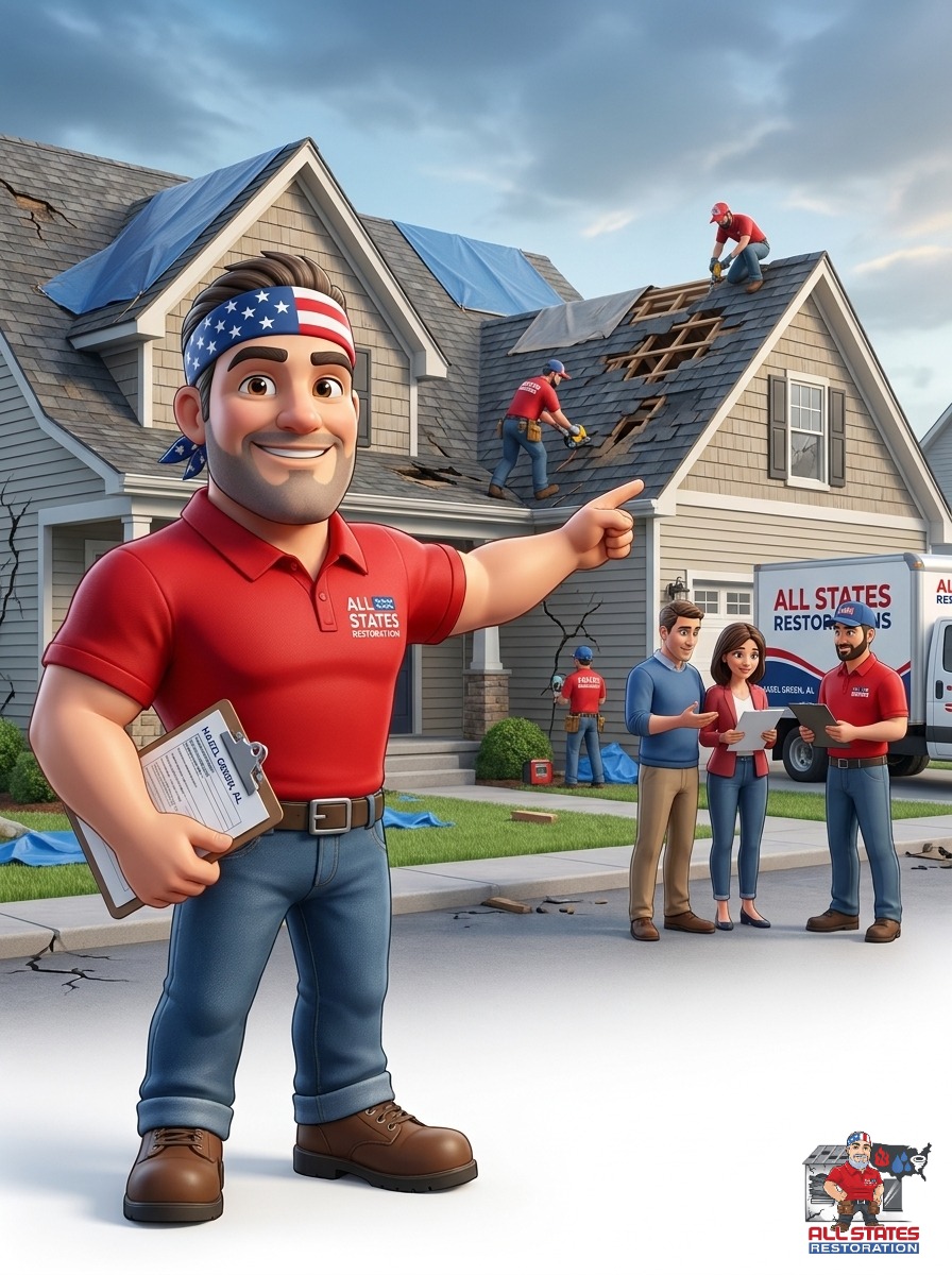 All States Restoration roofer reviewing a roof inspection with a homeowner