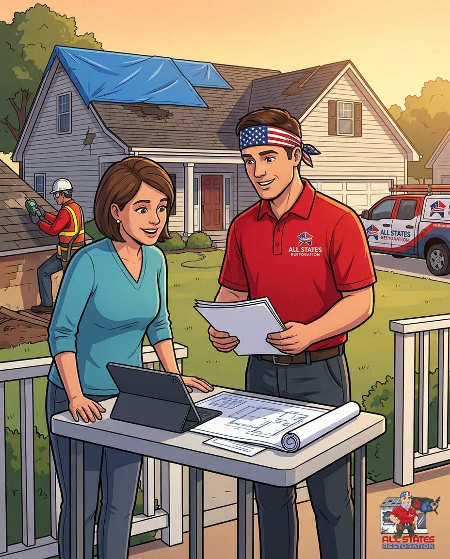 All States Restoration roofer reviewing a roof with a homeowner on-site