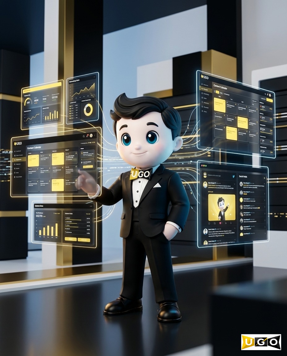 UGO character in tuxedo confidently operating multiple floating digital marketing dashboards