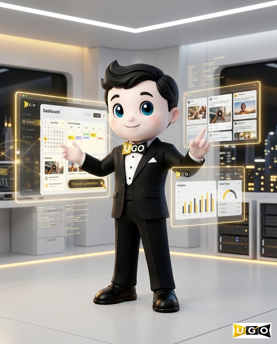 UGO mascot confidently controlling automated marketing systems across multiple dashboards