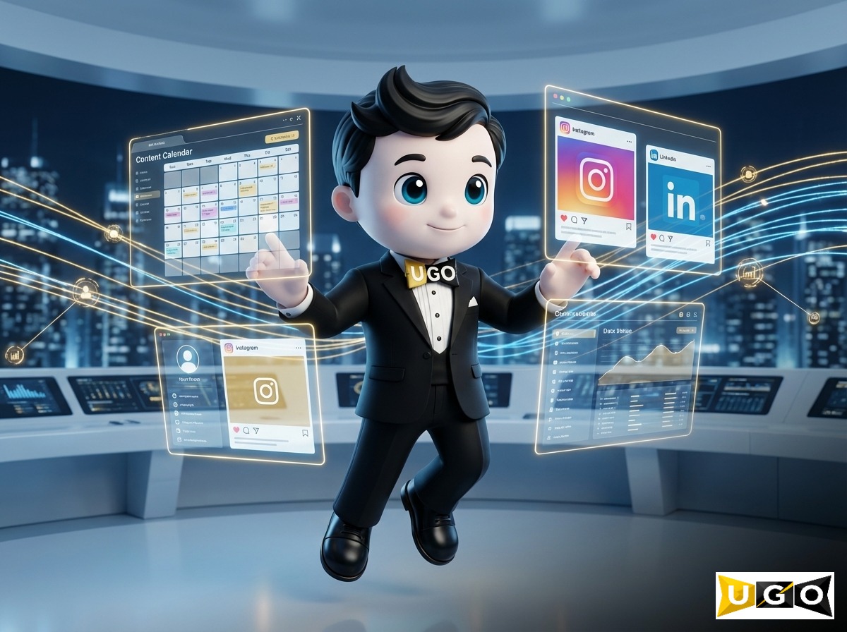 UGO character seated confidently controlling marketing systems and generating an automated content calendar