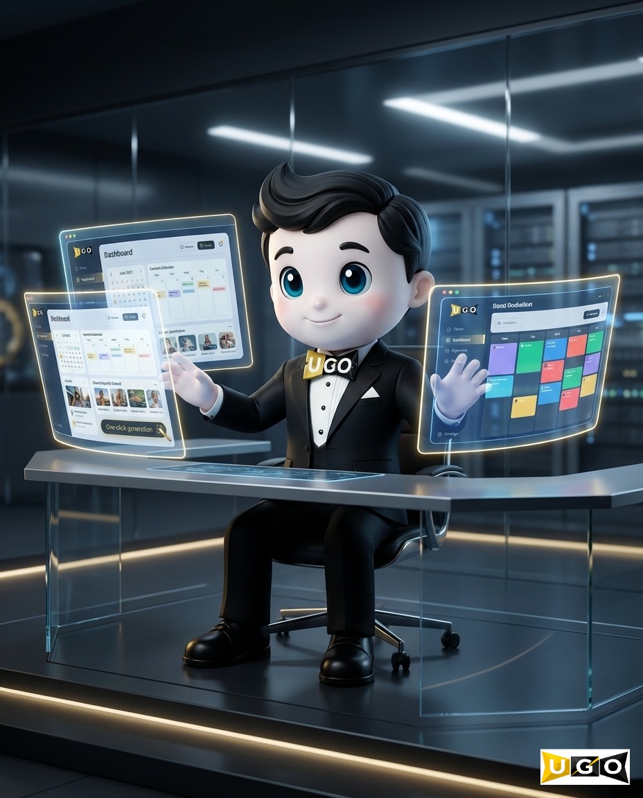 UGO character in tuxedo confidently managing brand identity and automated marketing systems