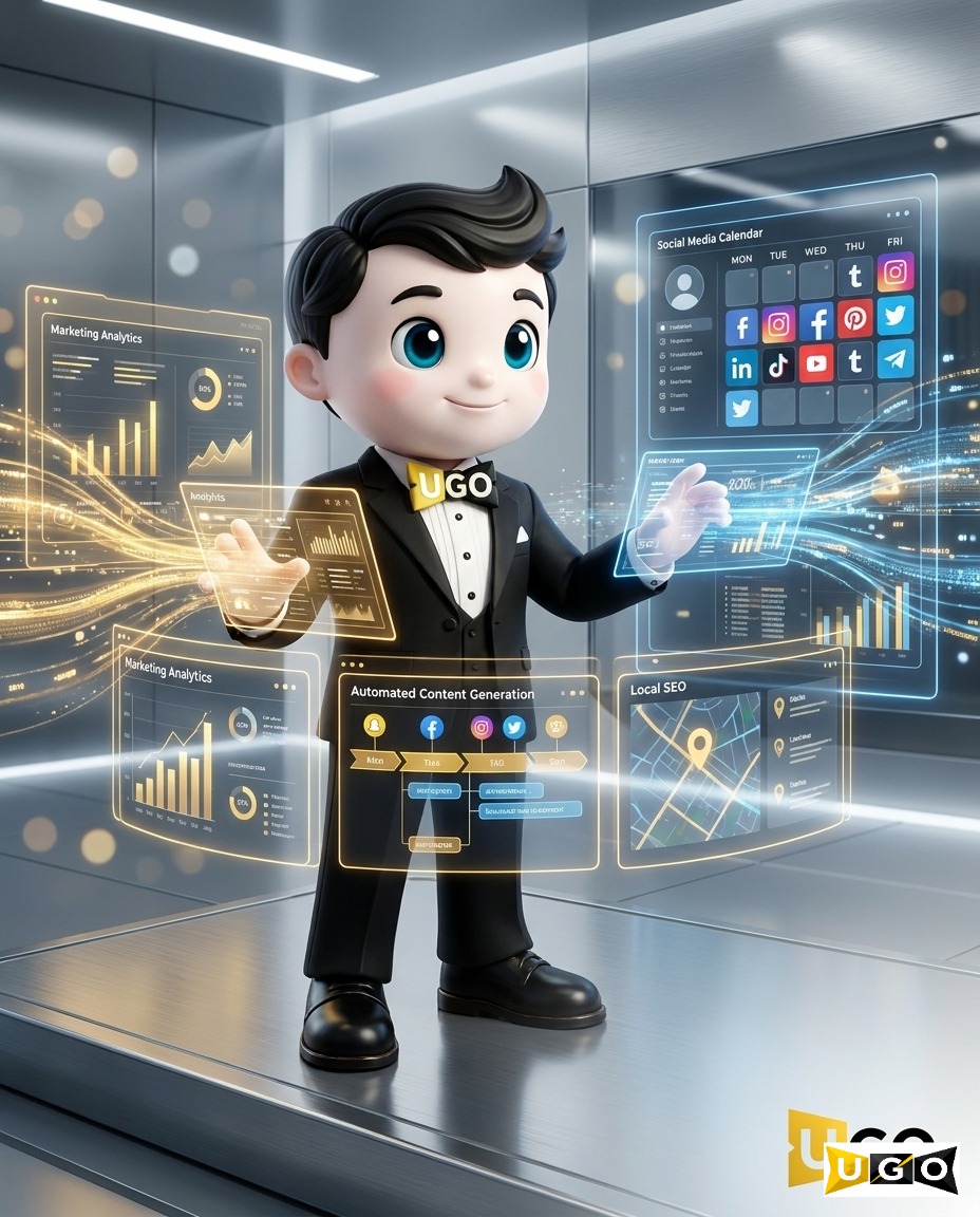 UGO autonomous marketing system mascot generating an on-brand content calendar across multiple screens