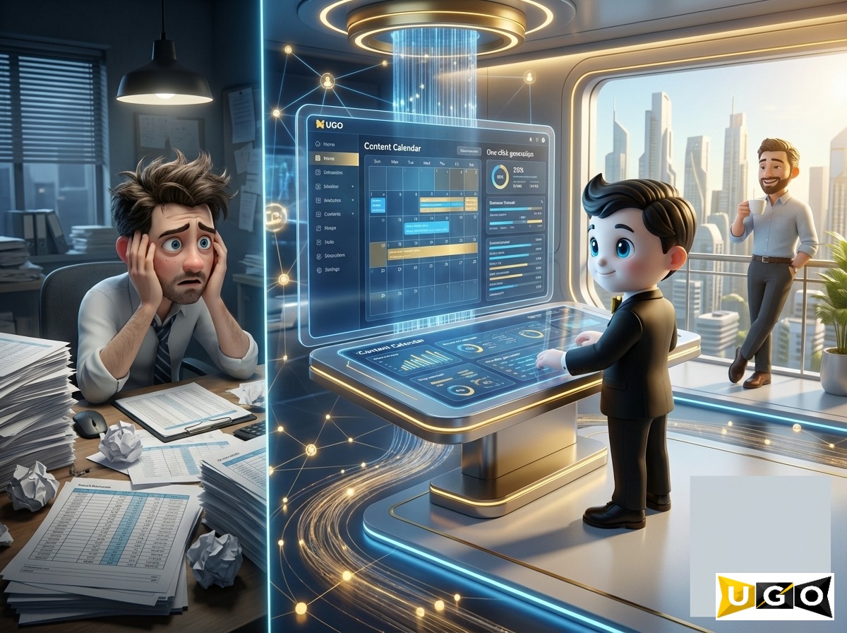 Before and after comparison — stressed business owner managing manual marketing vs UGO mascot running automated marketing dashboards