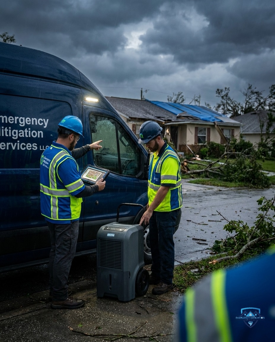 Professional Emergency Mitigation Services technicians staged outside a storm-damaged property with a branded service van, ready for immediate deployment