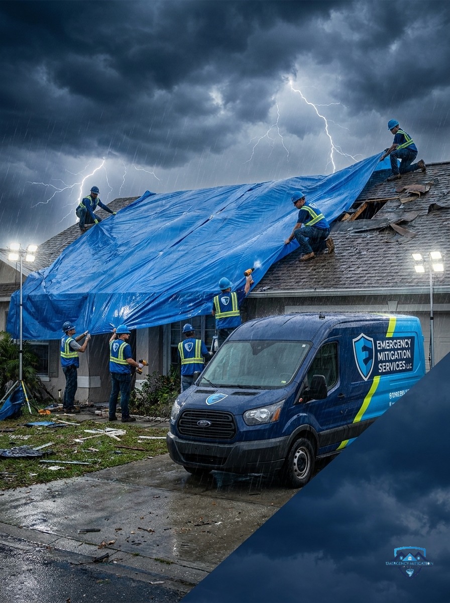 Professional certified technician installing an industrial-grade polyethylene shrink wrap system on a residential roof after storm damage