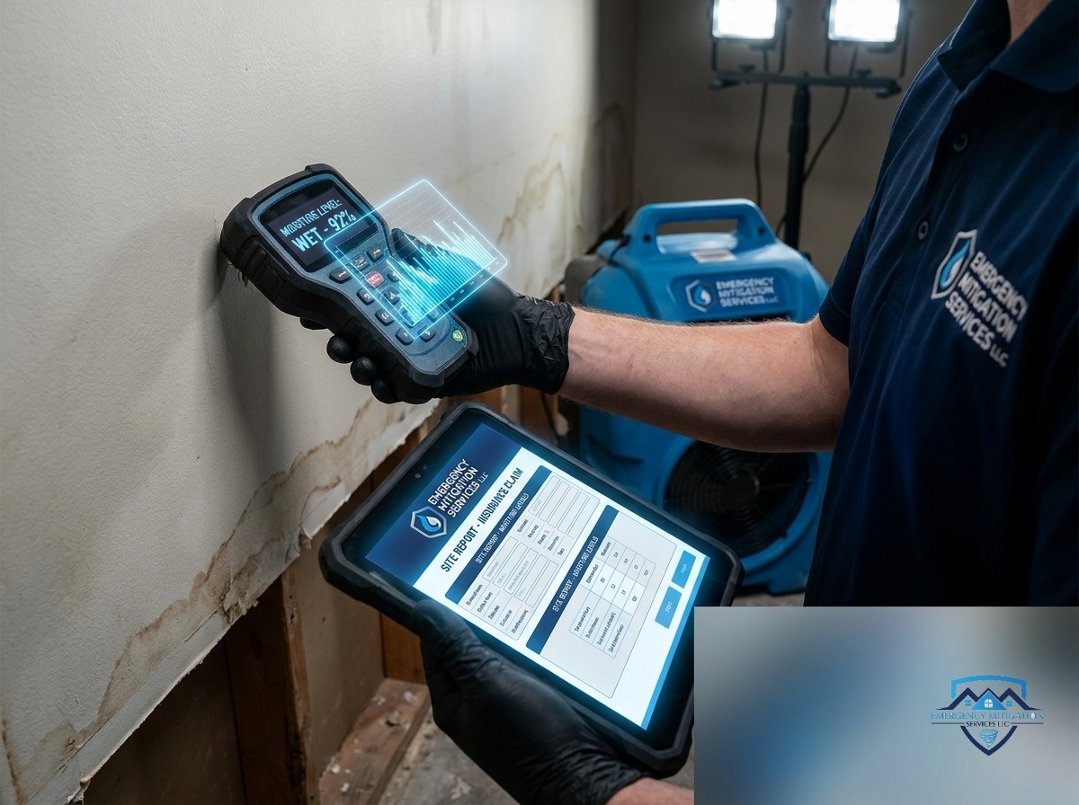 Professional digital documentation and moisture readings recorded for insurance claim compliance