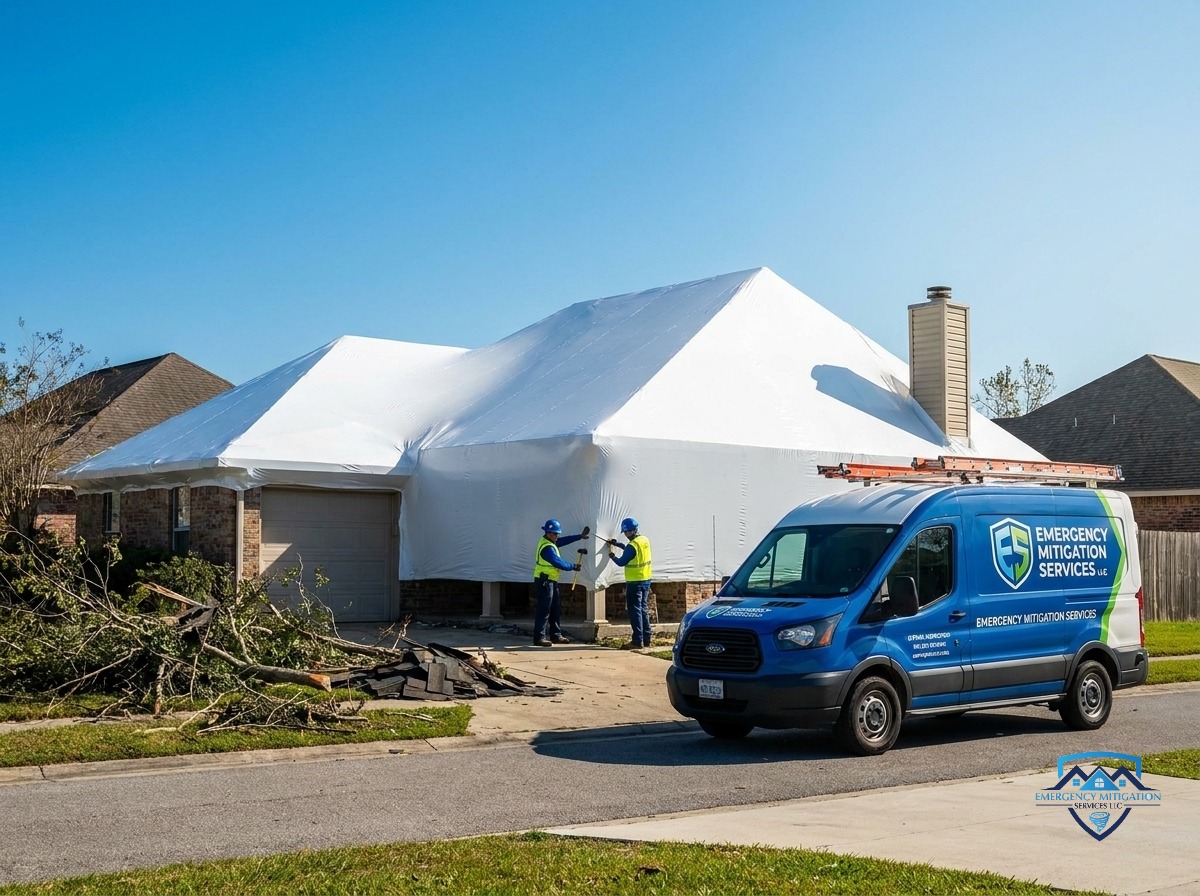 Durable polyethylene shrink wrap roof system installed on a storm-damaged residential property
