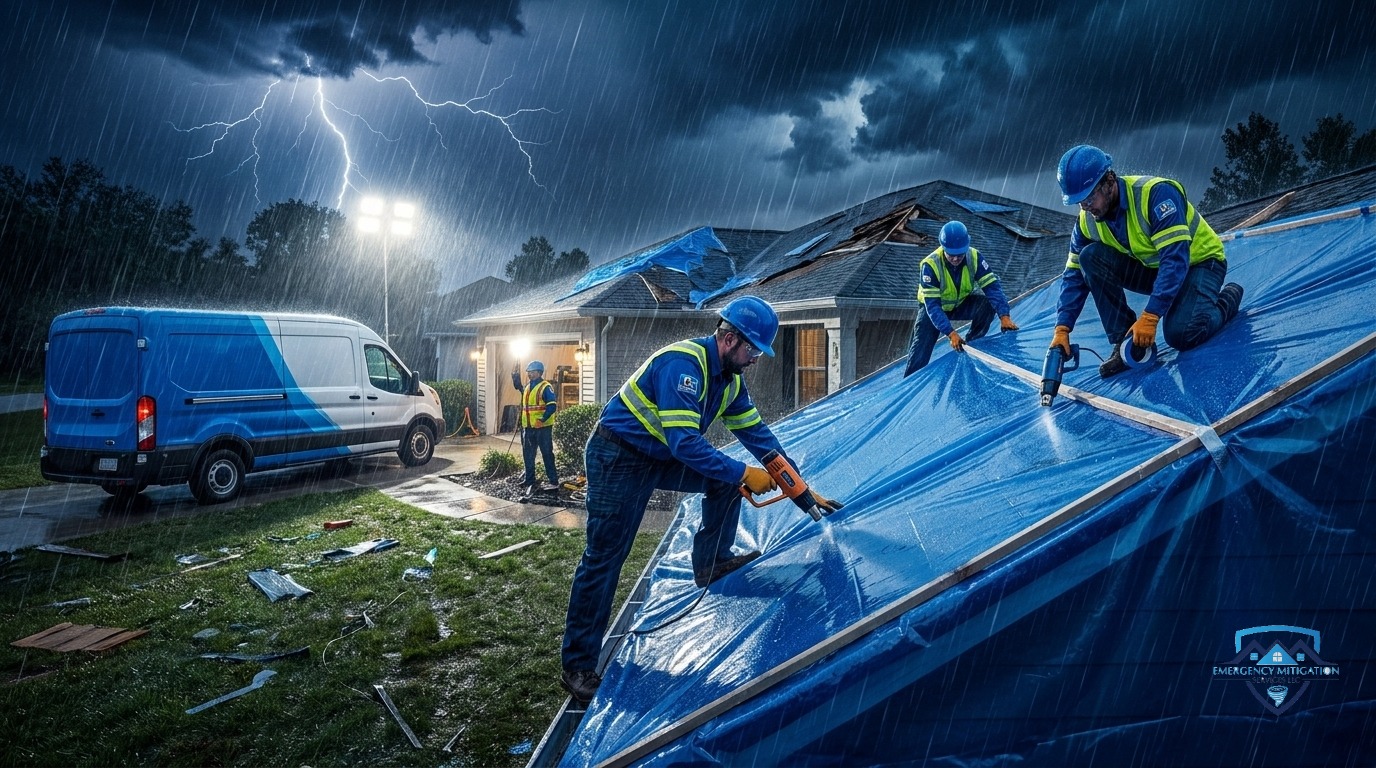 Professionally boarded windows and openings on a commercial property after storm damage