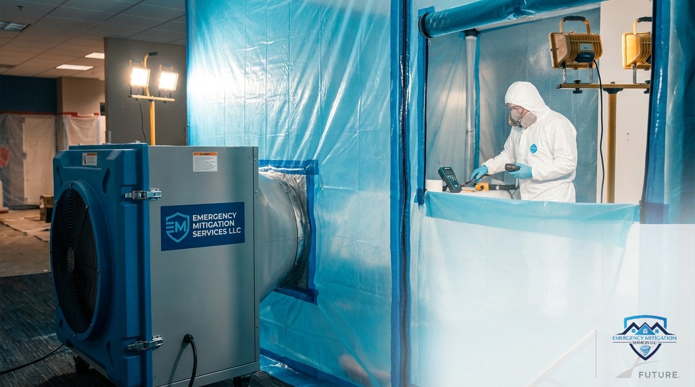 Certified technician using a HEPA air scrubber in a containment zone for professional mold remediation