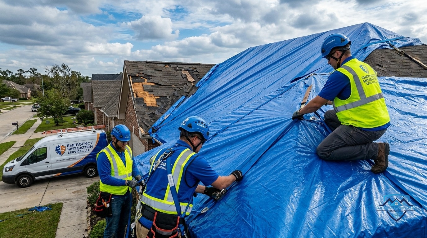 Emergency Mitigation Services crew installing a heavy-duty roof tarp after a storm