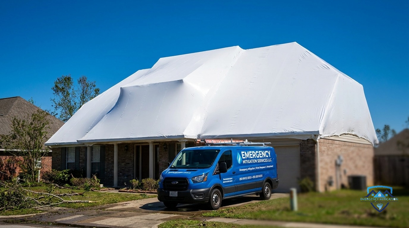 Professional polyethylene shrink wrap system fully encapsulating a storm-damaged roof