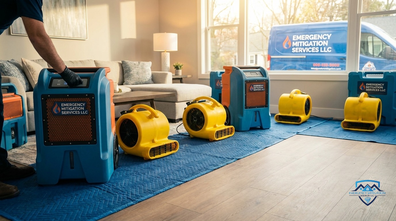 Industrial dehumidifiers and structural drying equipment operating in a water-damaged residence