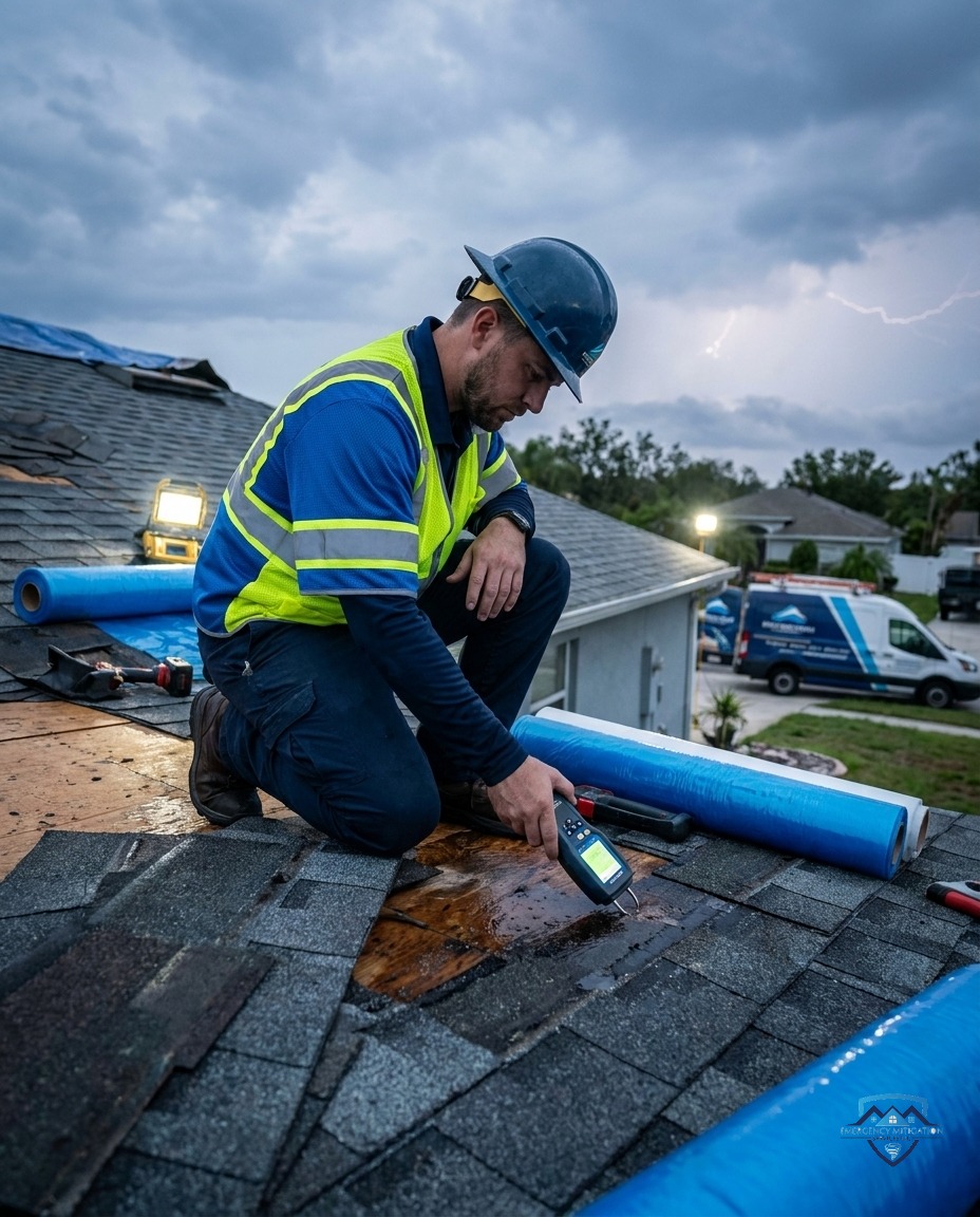Emergency Mitigation Services technician in branded high-visibility gear performing a professional storm damage assessment