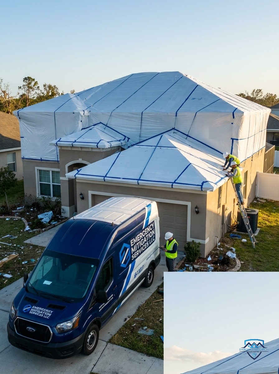 Storm-damaged residential roof in Florida completely covered and protected by tight white industrial polyethylene shrink wrap