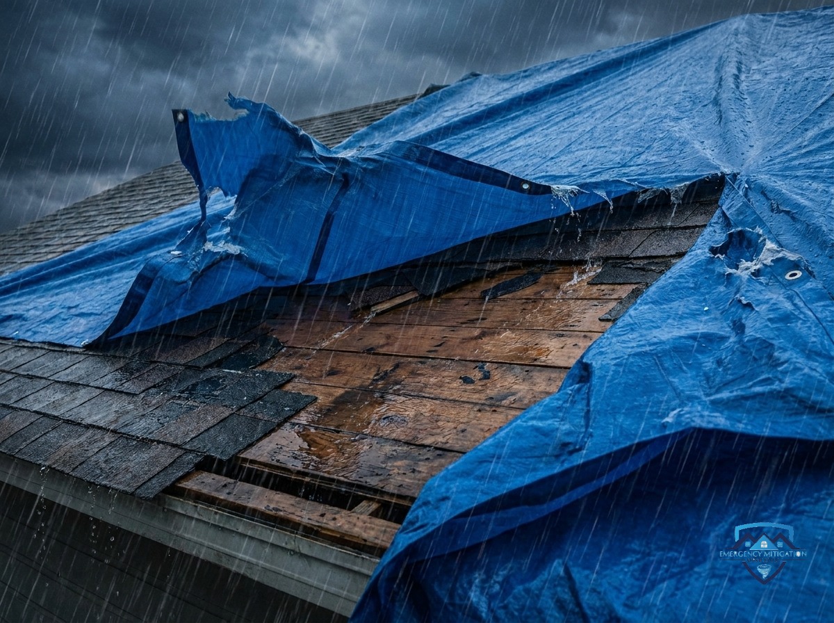 A standard blue tarp failing on a storm-damaged residential roof — leaving the structure exposed to continued water intrusion