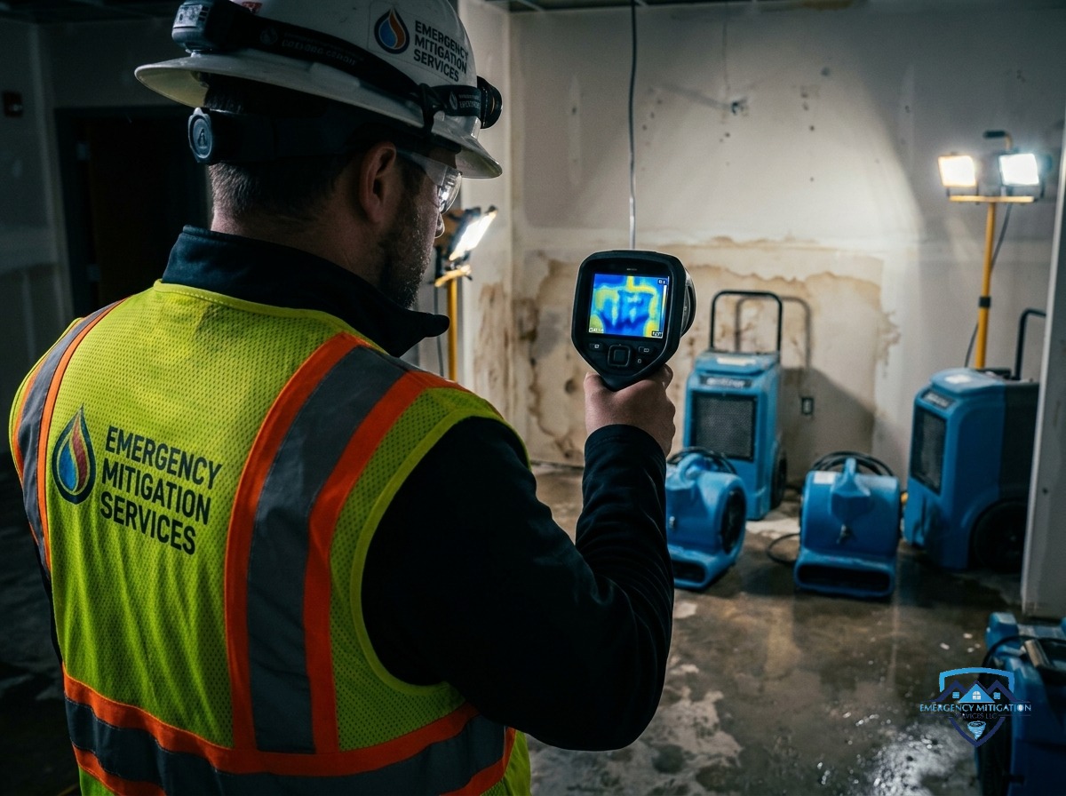 Emergency Mitigation Services certified technician using a thermal imaging camera to inspect commercial property water damage