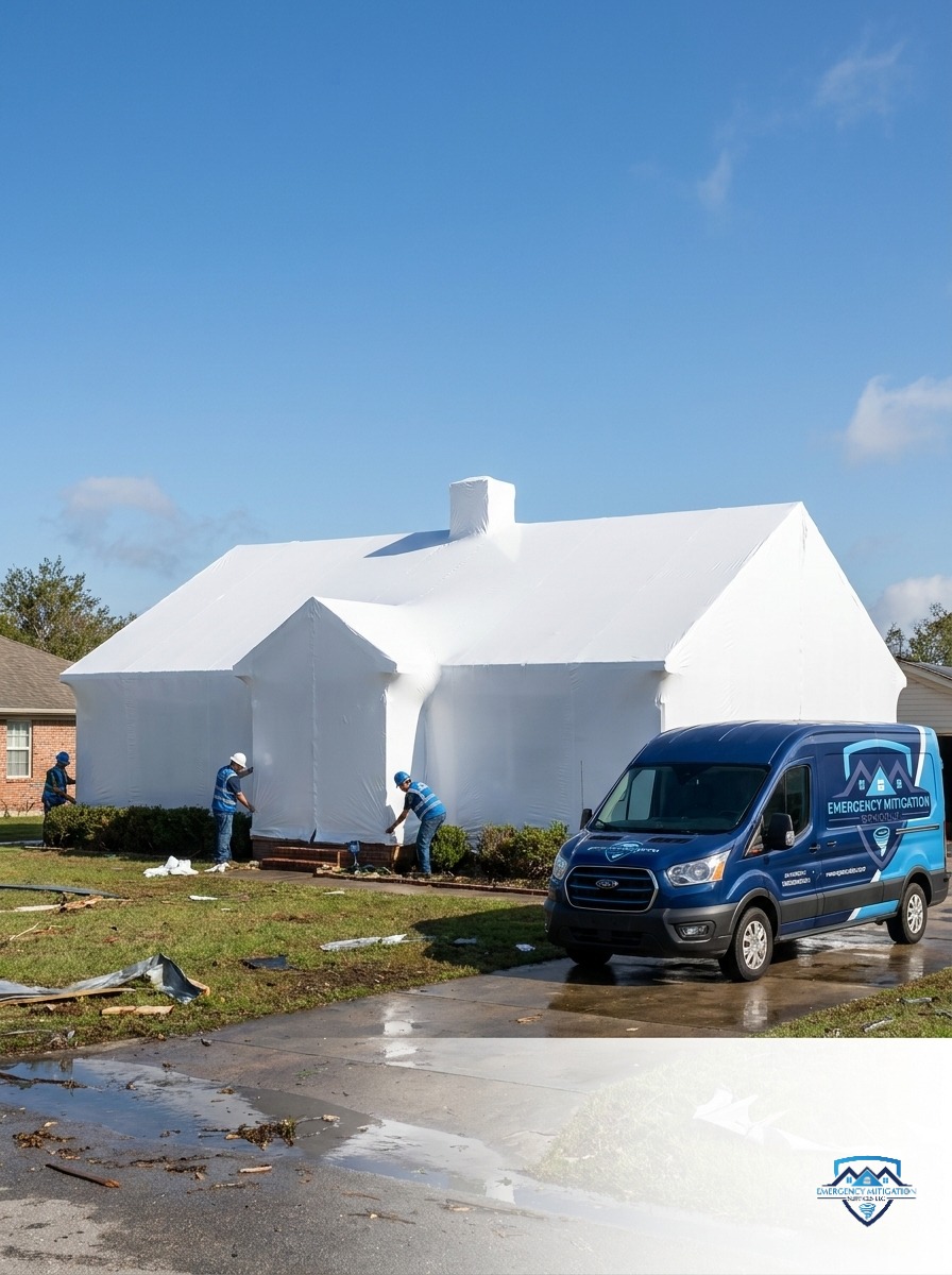 The same residential roof fully secured with a drum-tight white polyethylene shrink wrap system