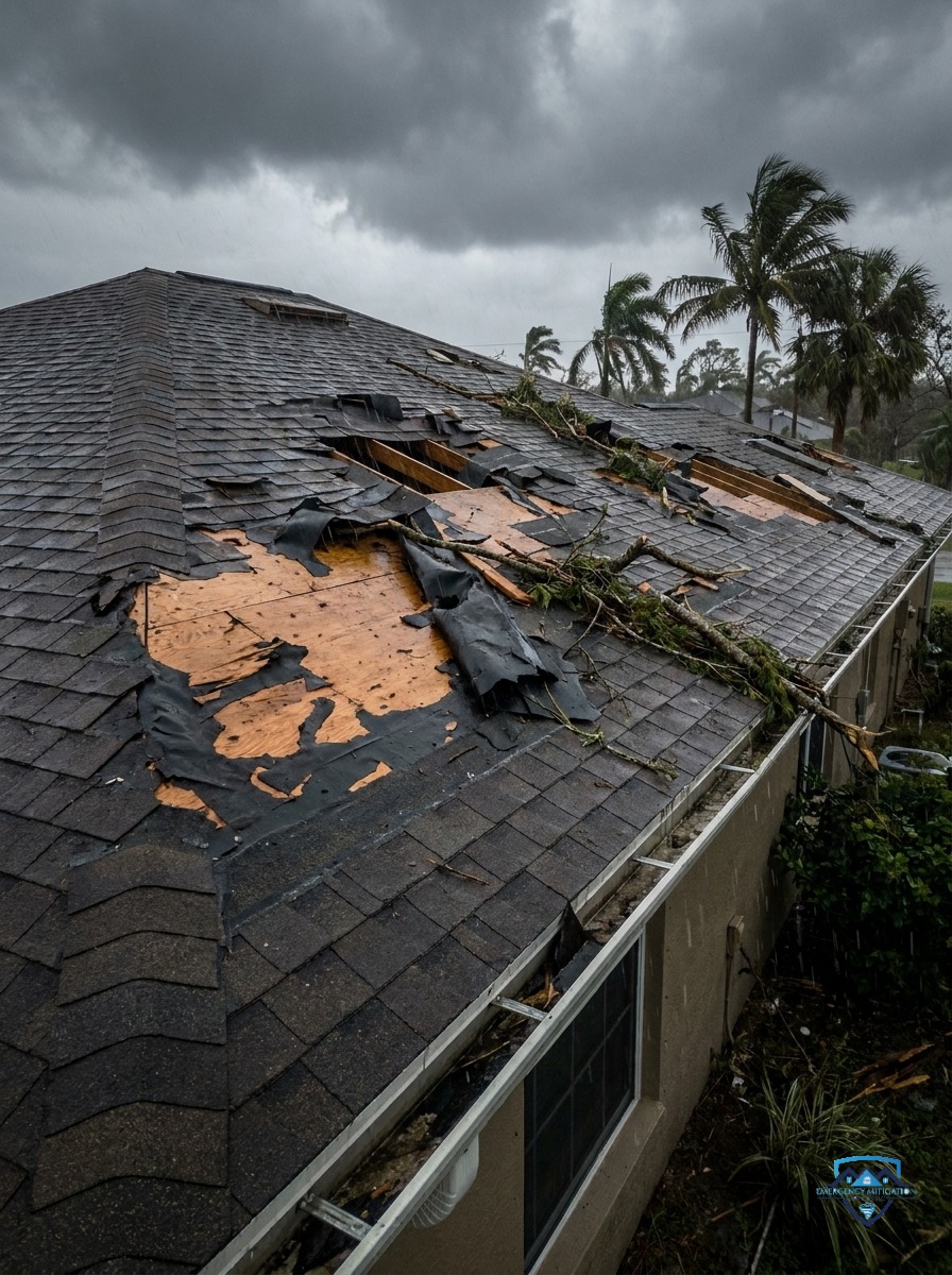 Exposed residential roof with severe storm damage and missing shingles prior to emergency mitigation