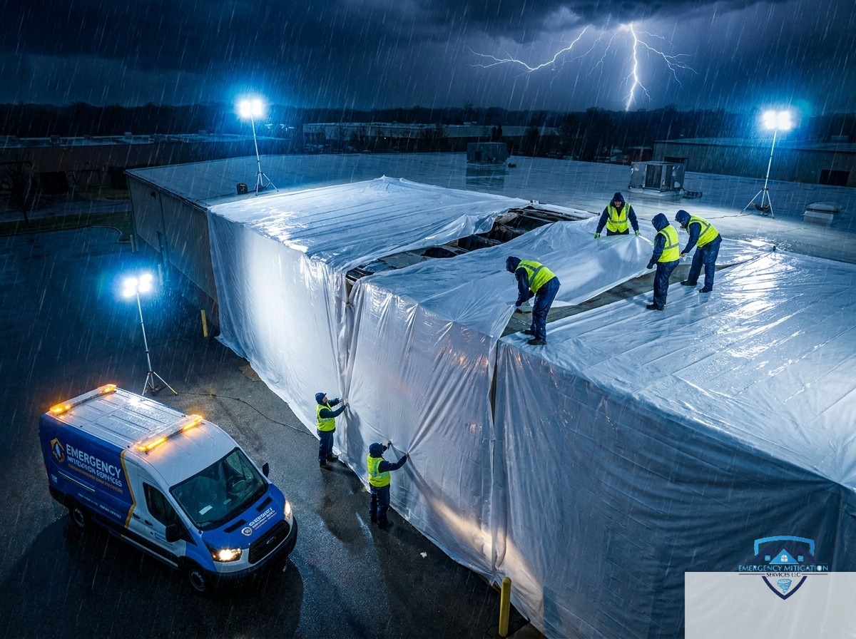 Polyethylene shrink wrap roof system professionally installed over a storm-damaged commercial building