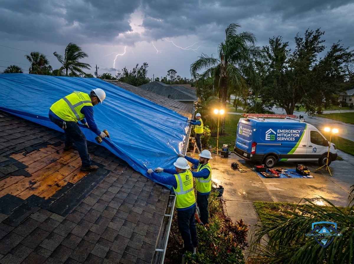 Professional emergency roof tarp installation over a storm-damaged residential roof