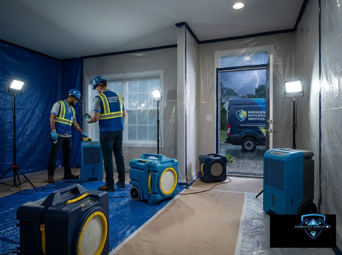Industrial dehumidifiers performing structural drying and water damage restoration in a residential home