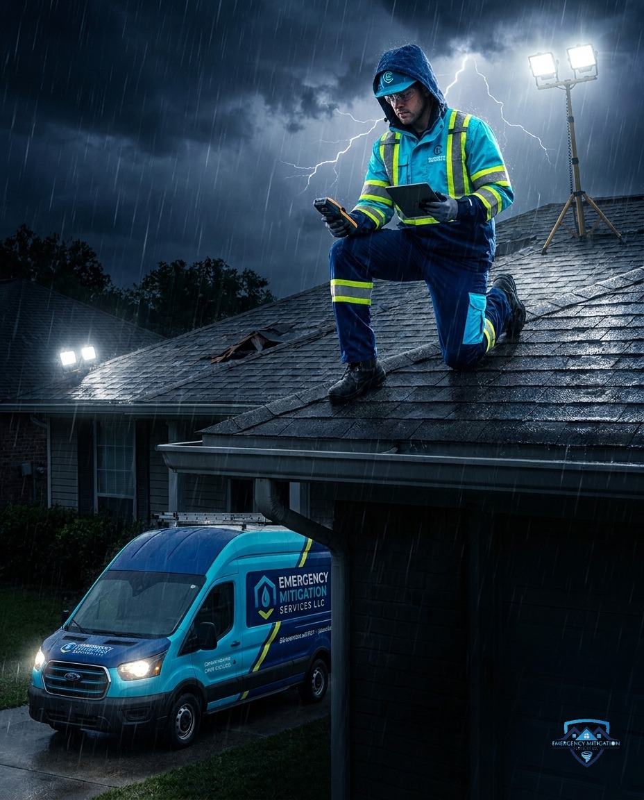 Emergency Mitigation Services certified technician in high-visibility safety gear conducting a professional storm damage site assessment