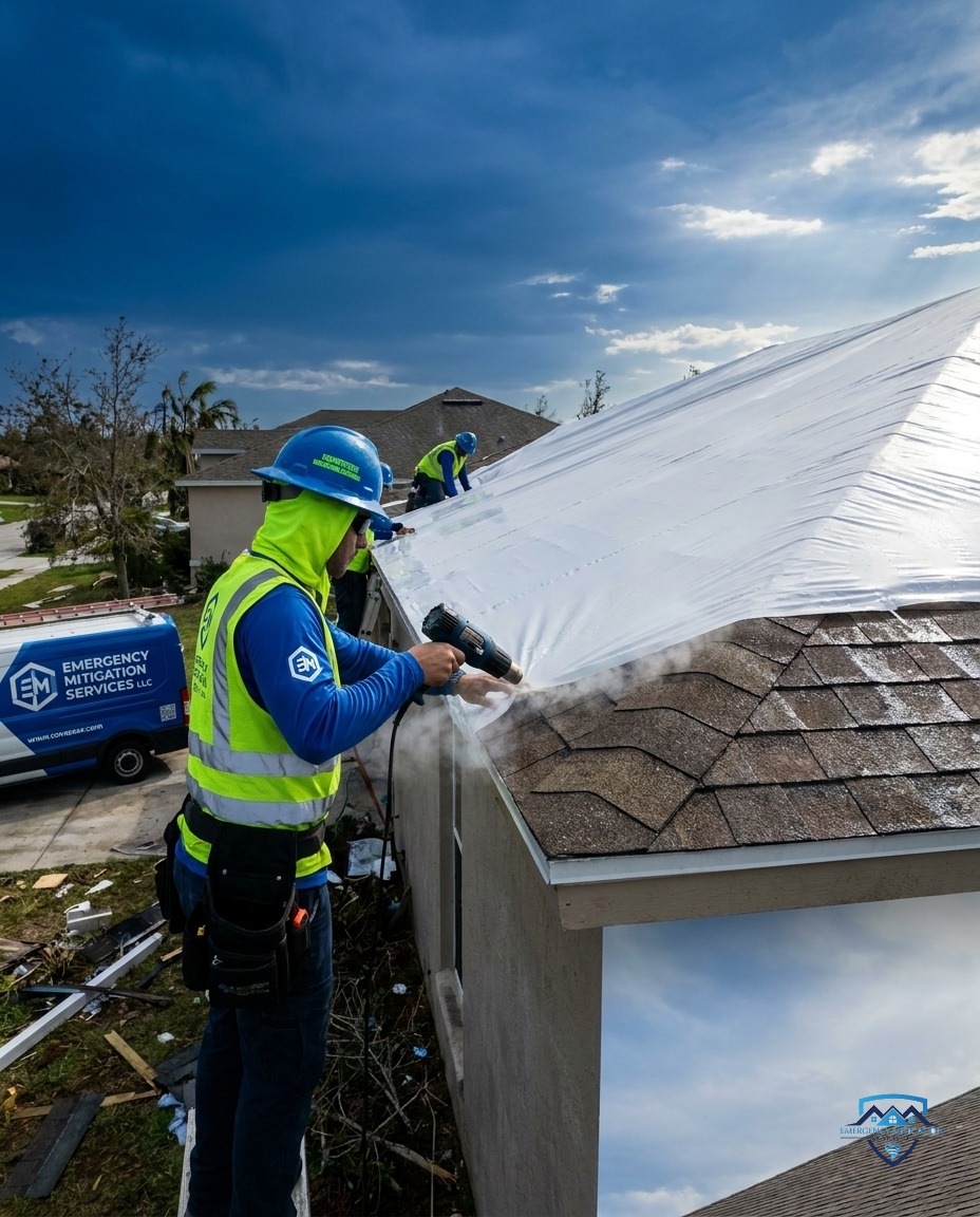 Emergency Mitigation Services technician in branded high-visibility gear actively installing a structural shrink wrap roof system after a storm